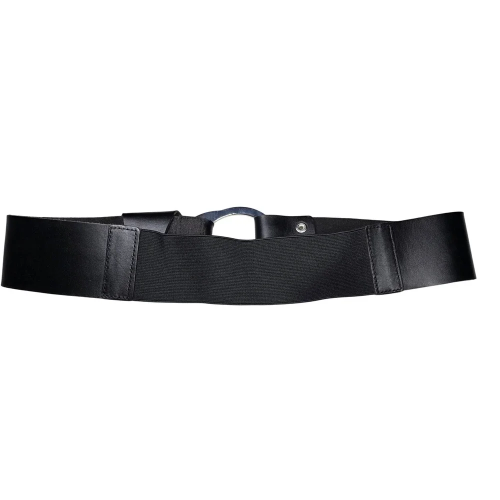 Chicos Black Genuine Leather Wide O-Ring Elastic Stretch Cinch Belt Size Medium